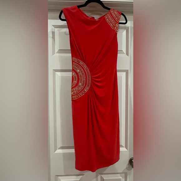 Cache Dresses & Skirts - CACHE Bodycon Salmon Dress with Gold Details Ruched Bodice. Gently Loved, Size M